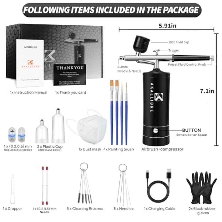 Portable highpressure airbrush kit with 48PSI compressor featuring nonclogging airbrush gun and 0.2 0.3 0.5mm nozzles for versa
