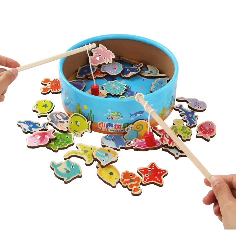 Children's Educational Games Fishing Toy Magnetic Barrel Double-sided Magnetic 42PCS Marine Animal Fishing Toys for Children