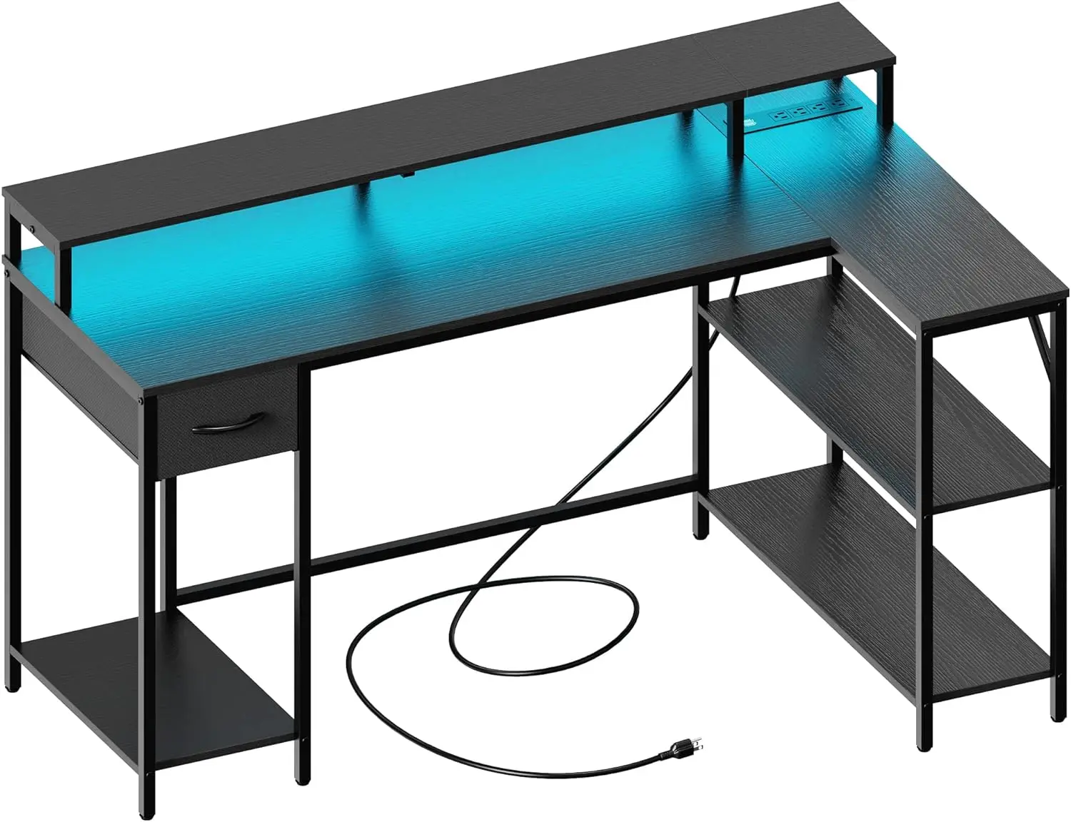 53 Inch L Shaped Desk with LED Lights & Power Outlets, Reversible Computer Desk with Shelves & Drawer, Corner Desk Home