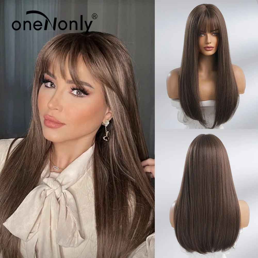 oneNonly Synthetic Wigs Long Straight Brown Wig with Bangs for Women Cosplay Daily Natural Hair Heat Resistant