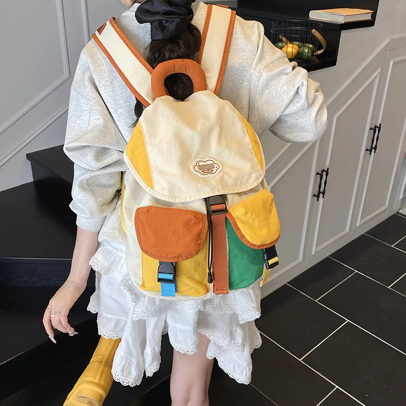 Color Matching 2 Sizes Parent-Child Bags Korean Style Large Capacity Drawstring Schoolbag Nylon Multi-Pocket Kids Backpack