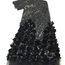 Tessuto di pizzo africano di Tulle francese 3d 2023 paillettes di ricamo nero di alta qualità tessuti di pizzo nigeriano 5 yarde per il vestito AM45221