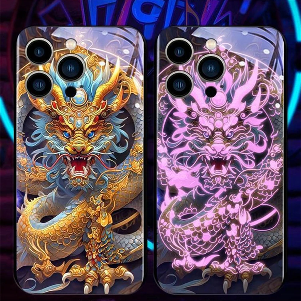 

Lucky Wealth Dragon Luminous Tempered Glass Phone Case LED Backlight Cover For iPhone 16 15 14 13 12 11 Pro Max XR XS Plus SE