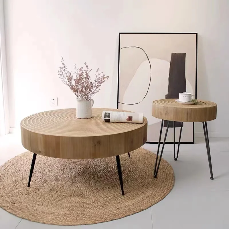 Japanese Vintage Minimalist Style Wooden OAK Round Table Modern Design For Living Room Solid Wood Coffee Table With Iron Legs