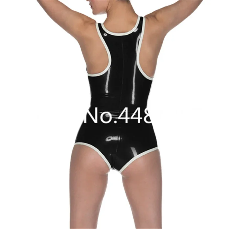 

Women's Latex Rubber Sports Swimsuit Costumes Latex Bodysuit Black with White