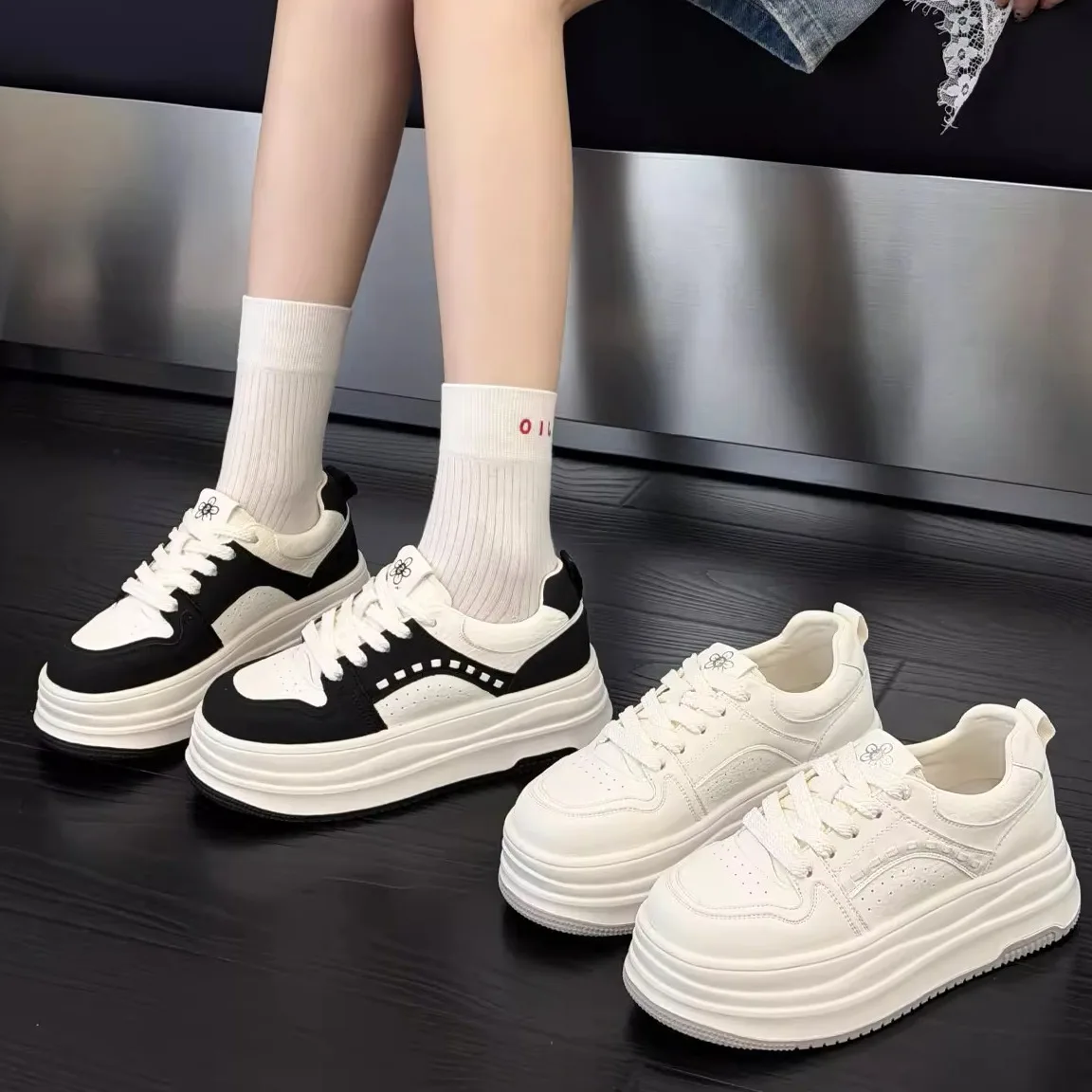 

Women's Sport Shoes Breathable Genuine Leather Thick Bottom High Top Sneakers Comfortable Casual Footwears for Spring
