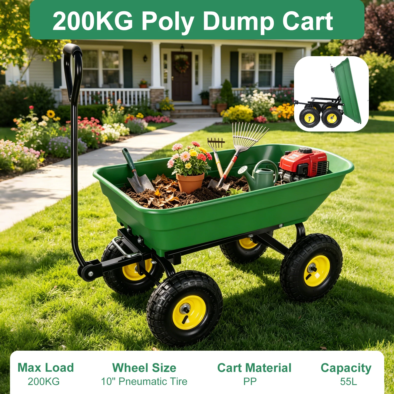 Chariot de jardin basculant 200 kg, benne 55 L, 180 °   Chariot utilitaire robuste avec poignée rotative et roues pneumatiques de 10 pouces pour l'extérieur, la cour et la ferme