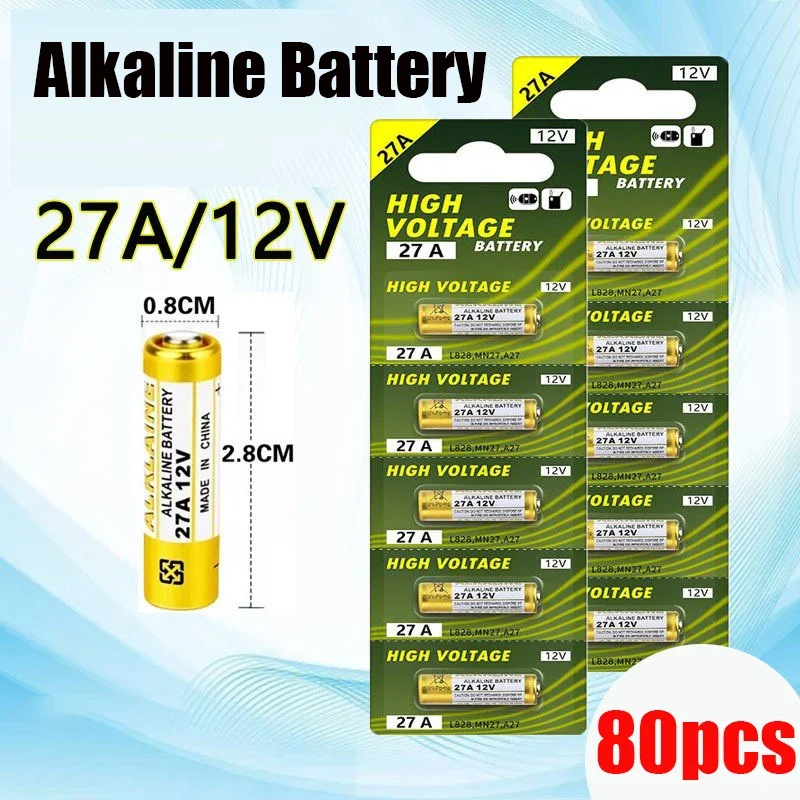 80PCS Alkaline Battery 12V A27 27A G27A MN27 MS27 GP27A L828 V27GA ALK27A A27BP K27A VR27 R27A for Alarm Remote Control Dry Cell