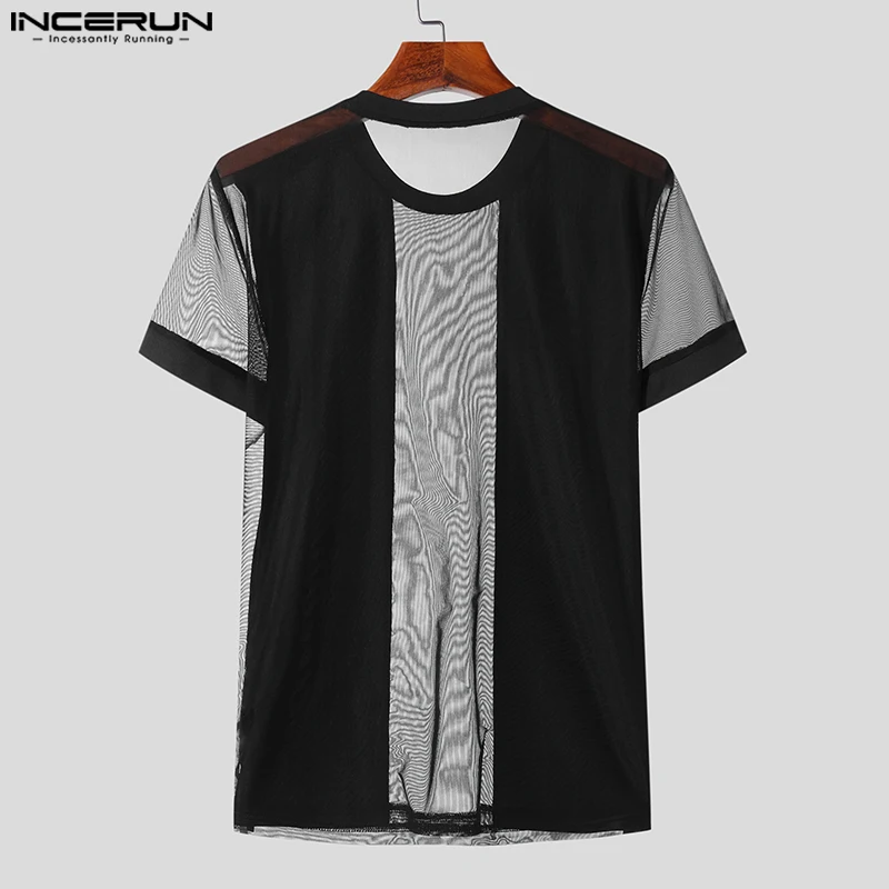 INCERUN Men T Shirt Mesh Patchwork O-neck Short Sleeve See Through Sexy Camisetas Streetwear 2024 Fashion Men Clothing S-5XL