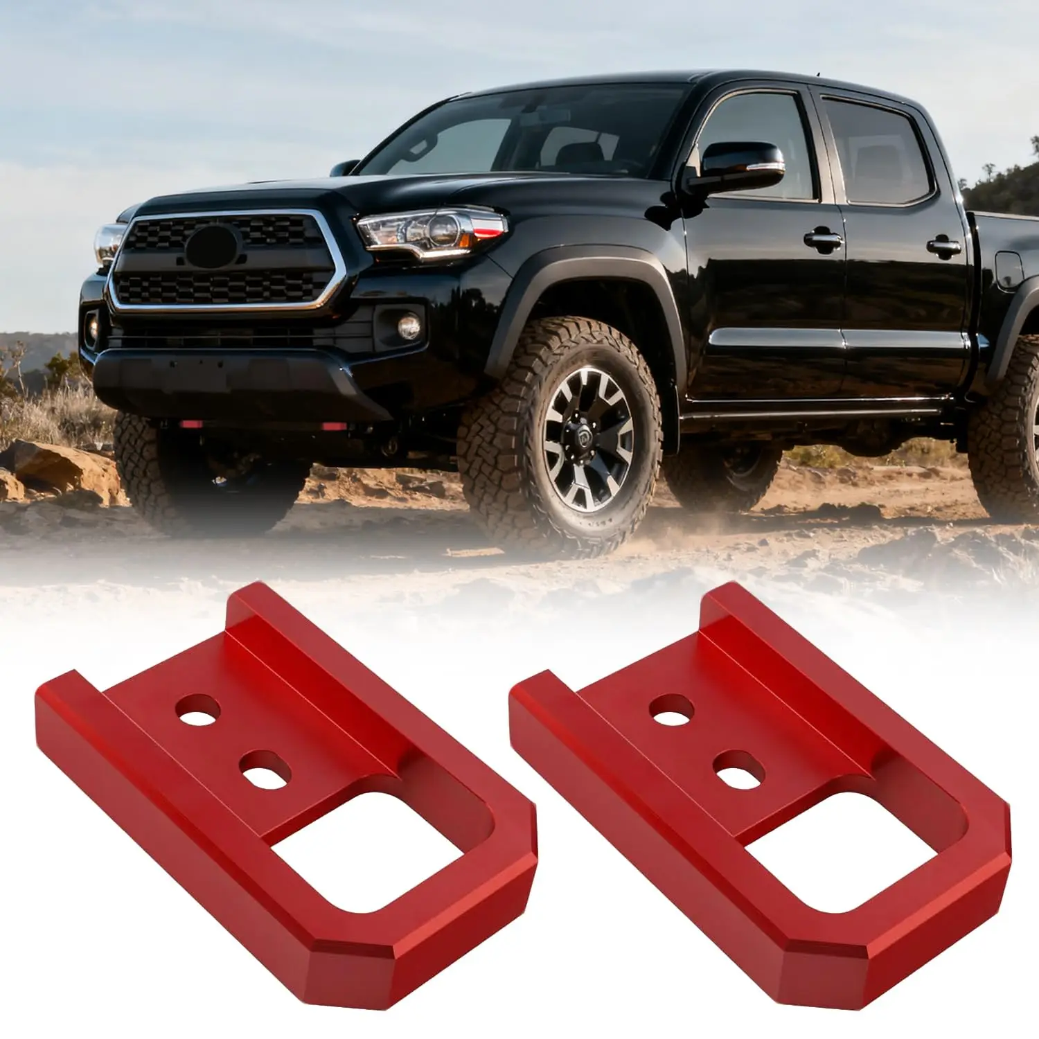 

Red Aluminum Front Tow Hooks For Toyota Tacoma 2024–2026, 4Runner 2025–2026, Land Cruiser 250 2024–2025 – Direct Bolt-On