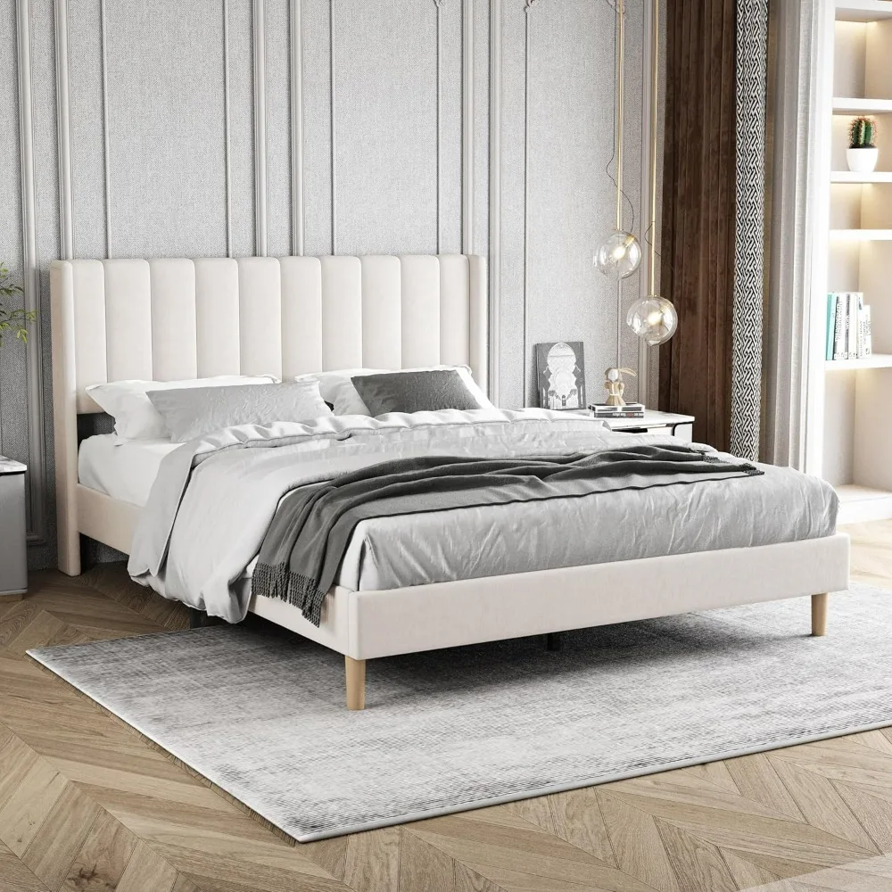 

Bed Frame, Upholstered Platform Bed Frame with Headboard, Wooden Slats Support No Box Spring Needed Easy Assembly, Queen Bed