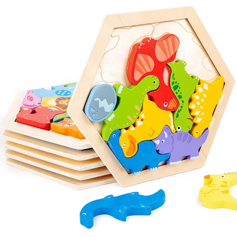 Puzzle 3D en bois Montessori pour enfants, jeu de puzzle, dinosaure, fruits, circulation, forme assortie, apprentissage précoce, cadeau