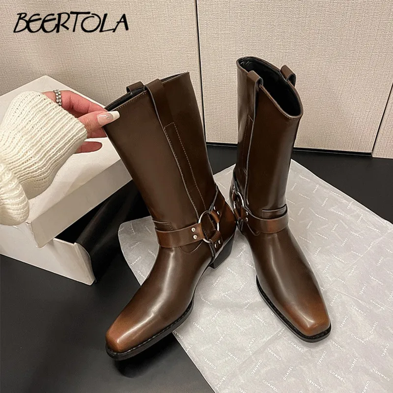 Women's Retro Square Toe Ankle Boots Personalized Square Toe Western Boots Thick Bottom Belt Buckle Chunky Heel Knight Boots