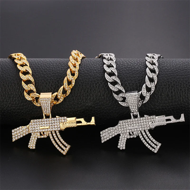 Hip Hop AK47 Submachine Gun Necklace Gold Silver Colour UZI Gun Cuban Neck Chain For Men Women Street Rap Party Jewelry