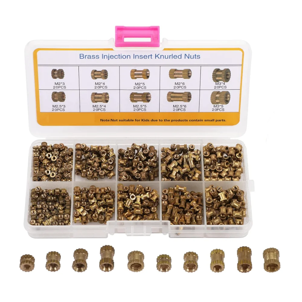 200Pcs M2 M2.5 M3 Metric Female Thread Knurled Brass Threaded Insert Embedded Nuts Assortment Kit Knurl Nuts for 3D Printing