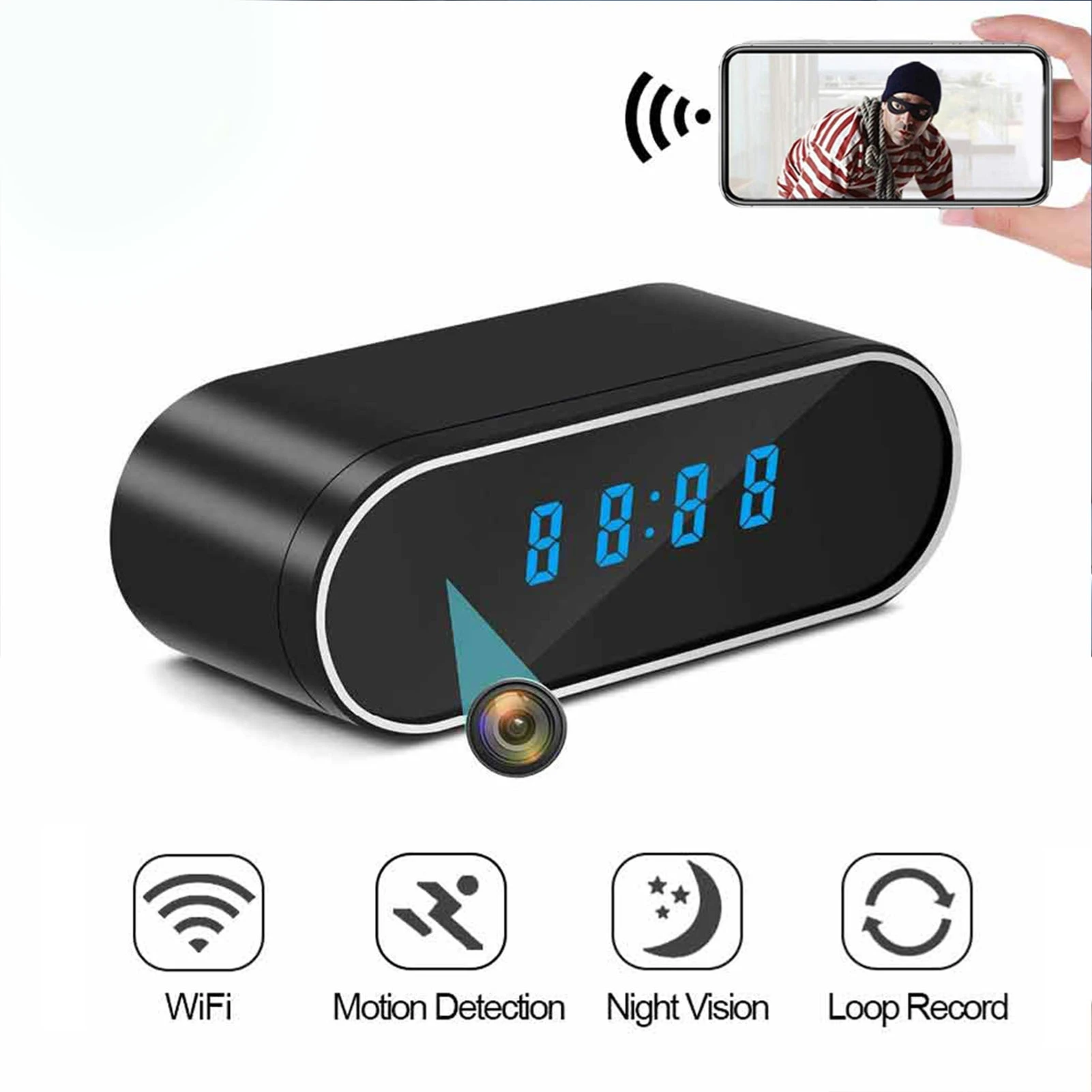 Indoor Camera Wireless WiFi 1080P FHD 130° Wide Angle 12/24H Clock Camera with Motion Detection Night Mode APP for Bedroom