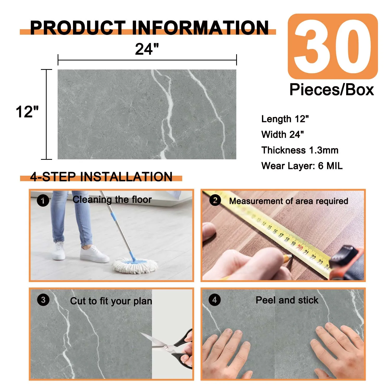 30 Pieces 12 in x 24 in Gray Peel and Stick Living Room Flooring (60 sq. ft./box) for US