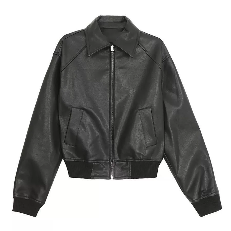 Retro Collar Black Leather Jacket Short Outerwear Women's Spring 2026 New Style Top Ultra Thin PU Leather No Brand