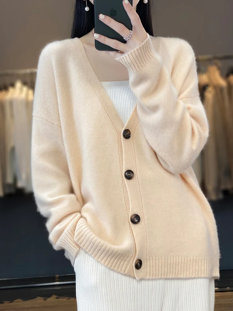 New Chic Women V-neck Cardigan Solid Soft Warm 100% Merino Wool Sweater Autumn Winter Casual Loose Cashmere Knitwear Korean Tops