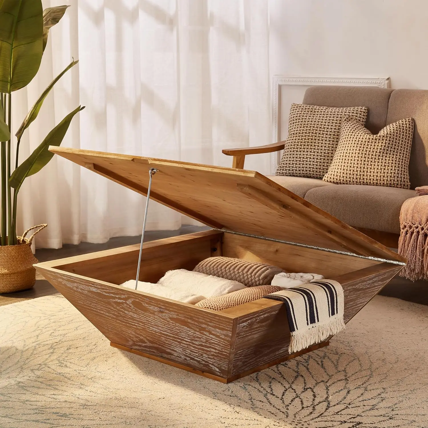 طاولة قهوة خشبية مربعة لغرفة المعيشة - طاولة قهوة للمزرعة مع مساحة تخزين (كرز، 35.43 بوصة عمق × 35.43 بوصة عرض × 13.78 بوصة ارتفاع) #3