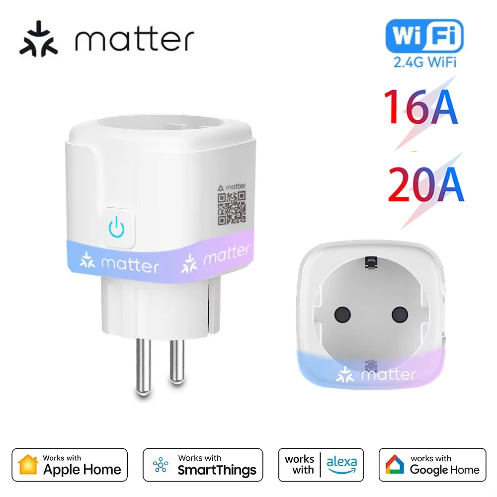 Matter WiFi Smart Socket 20A EU Home Appliance Outlet Mini Smart Plug Adapter APP Control Works with HomeKit Siri Alexa Google