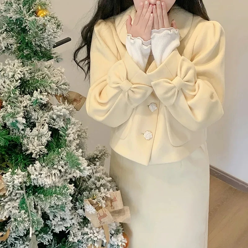 

Sweet Short Jackets Women French Cute Peter Pan Collar Bow Long Sleeve Coats Autumn Winter Preppy Style All Match Tops