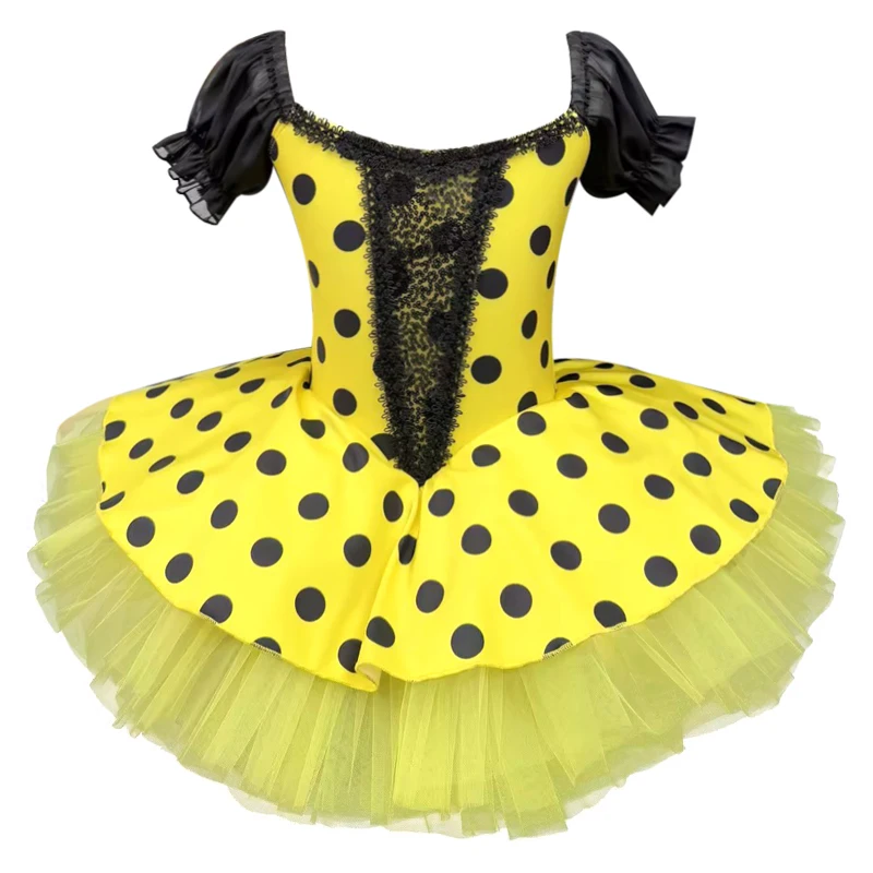 

Girls' Polka Dot Ballet Dress with Puff Sleeves and Tulle Skirt for Dance Performance