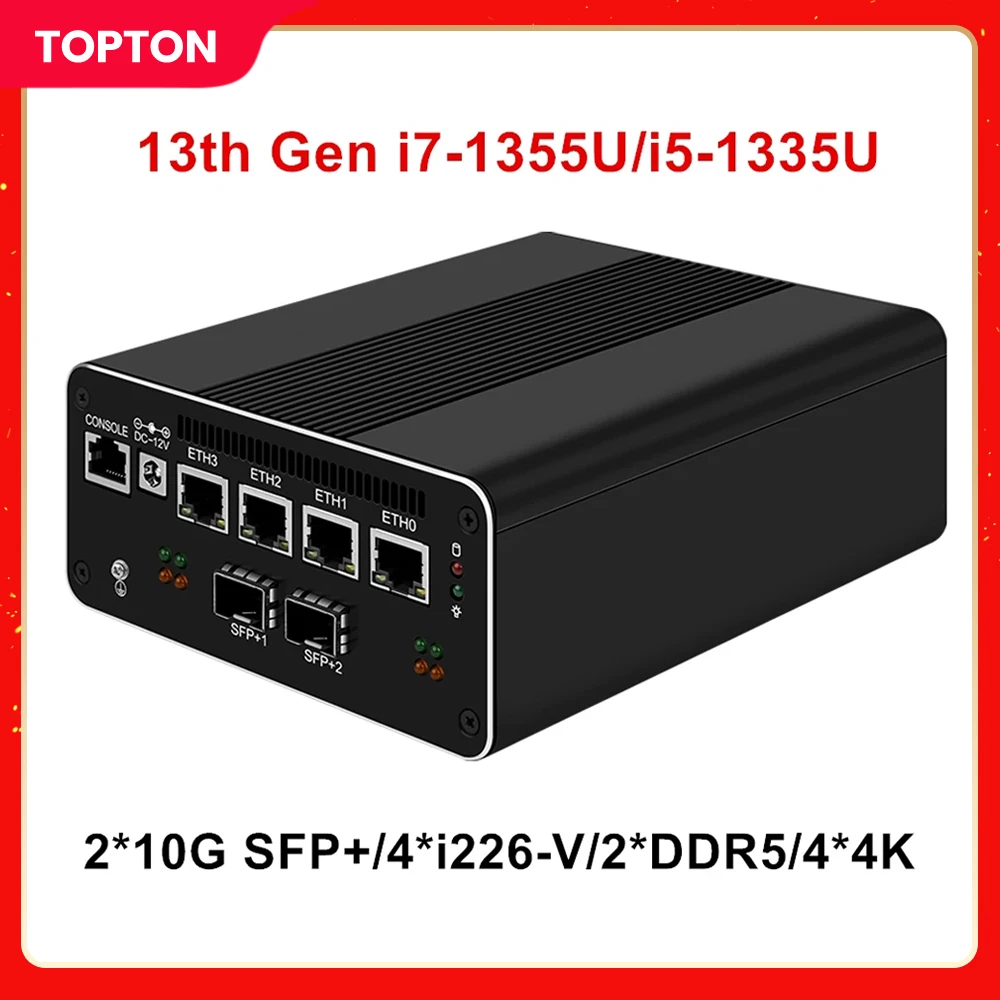 

13th Gen Firewall Mini PC Intel i7 1355U i5 1335U 2*10G SFP+ Optical 4x i226-V 2.5G Soft Router 2*DDR5 2*SATA 4*4K Proxmox Host