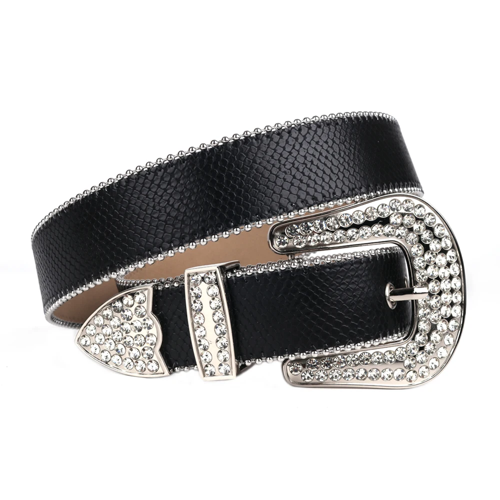 Western Black Plain Belt Fashion Luxury Crystal Buckle Bling Strap Diamond Studded Belt for Jean Cinturones Para Hombre Formal