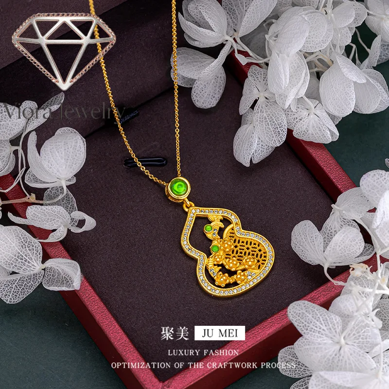 Viora Jewelry Gold national trend necklace 24K real gold lily of the valley flower gourd pendant Ruyi lock bag 9999 retro style