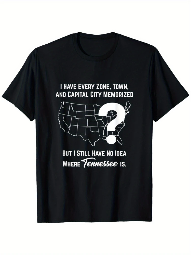 Graphique drôle de Geographie Trivia avec la carte américaine Design-100% coton été col rond manches courtes décontracté imprimé T-shirt pour hommes.