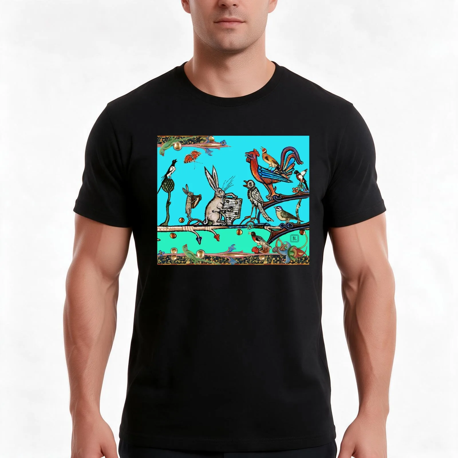 WEIRD MEDIEVAL BESTIARY MORNING MUSIC CONCERT OF RABBITS AND BIRDS IN TEAL BLUE by Bulgan Lumini T-Shirt Vintage Graphic Print