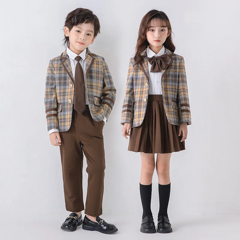 Children Uniform Blazer Set Autumn Boys Girls Formal Suit Fashion Plaid Group Choir Performance Costume 4 To 16 Y Young Clothes