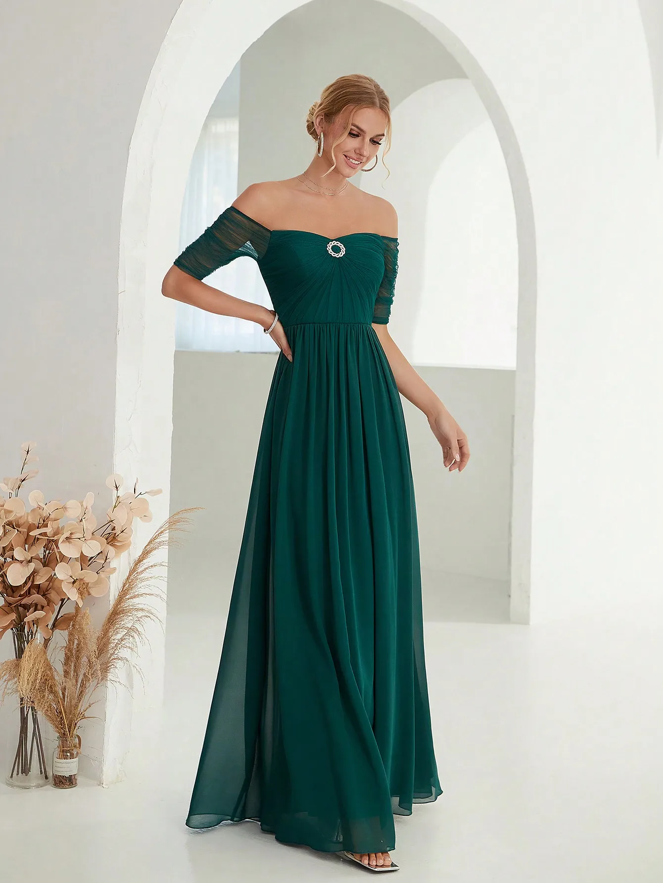 Mgiacy Line neck mesh chest pleated rhinestone embellished chiffon long dress Evening Ball dress Party dress Bridesmaid dress