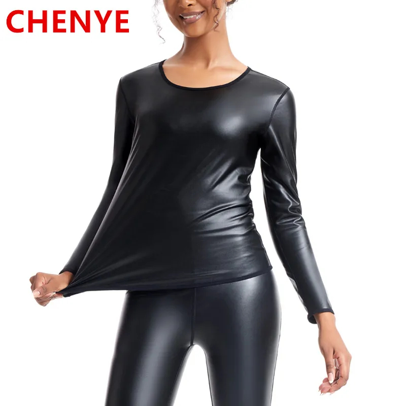 Women Body Shaper Leather Long Sleeves Shirts Faux Motorcycle Biker tops Waist Trainer Slim Tshirt Fashion Casual Shapewear tops