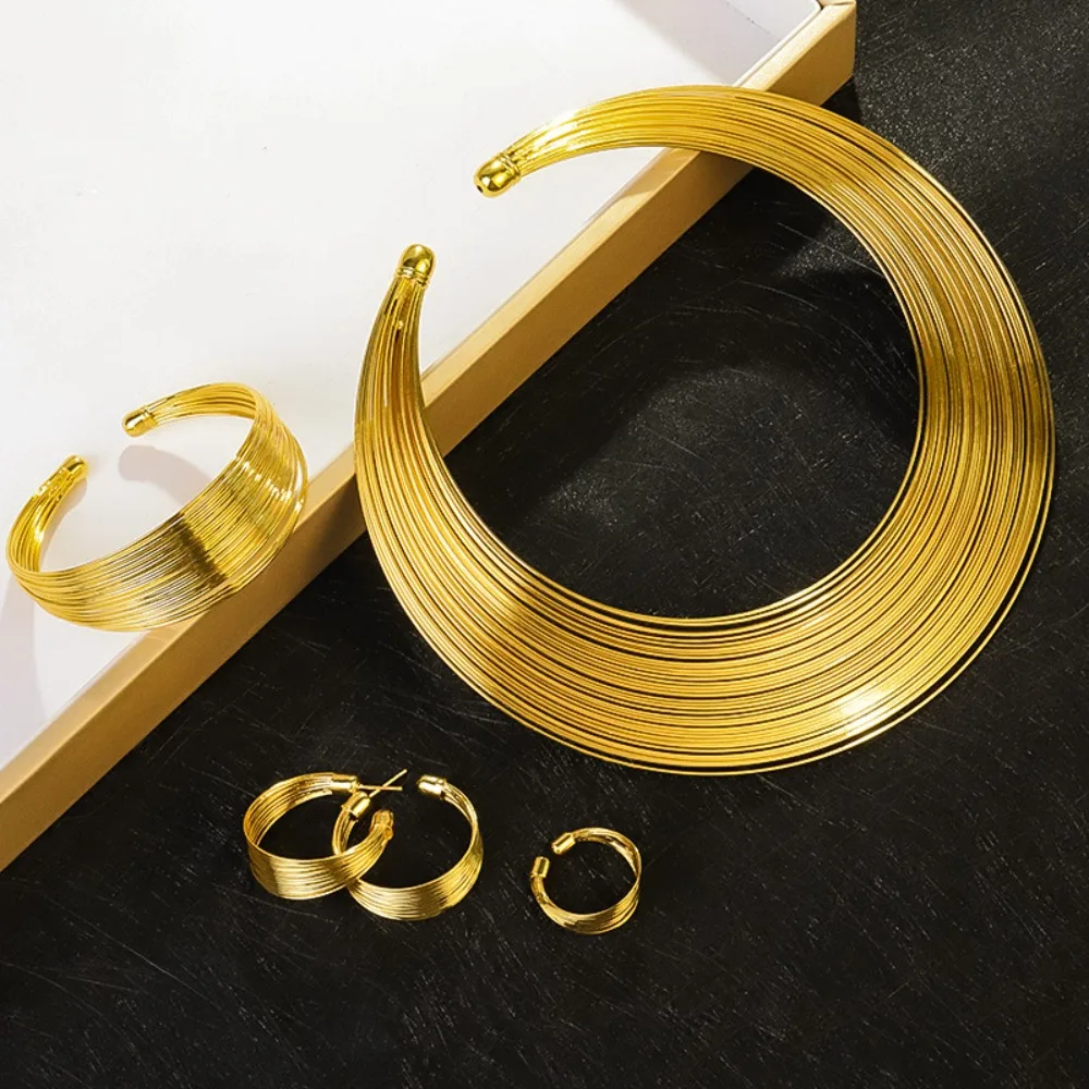 

Elegant Earring Multilayer Metal Wire Jewelry Set Korean Style Jewelry Accessories Exaggerated Necklace Alloy Finger Ring Women