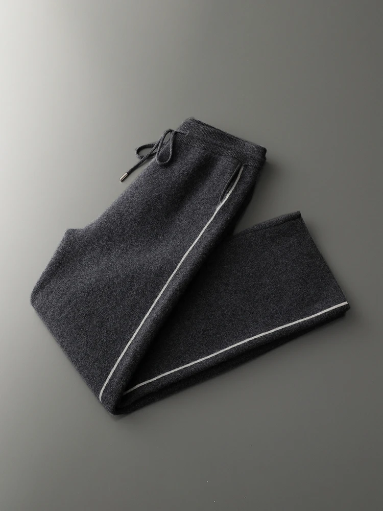 Chic Jacquard  Thick  Wide Leg Pants Men's Autumn Winter Elastic Waist 100% Cashmere Casual Knitted Pants High Quality Trousers