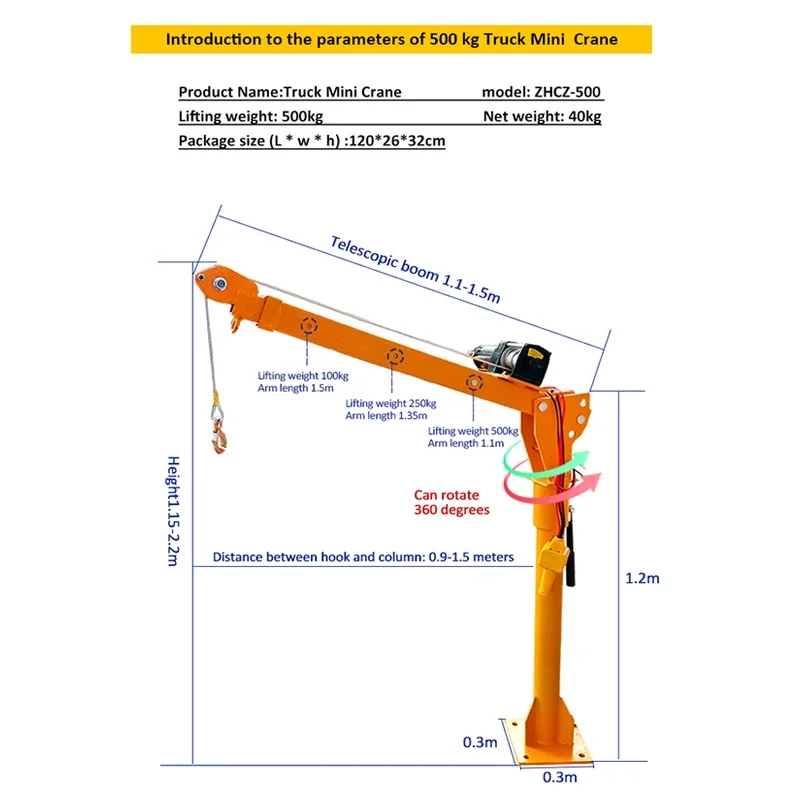 truck cranes portable electric hoist remote control mobile Jib mounted pickup arm lift small mini crane 500kg