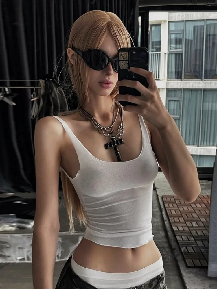

Solid Color Tank Top See Through Mesh Crop Tops Women Edgy Clothes Y2k Accessories Sleeveless Ropa Mujer Cute Camison Verano