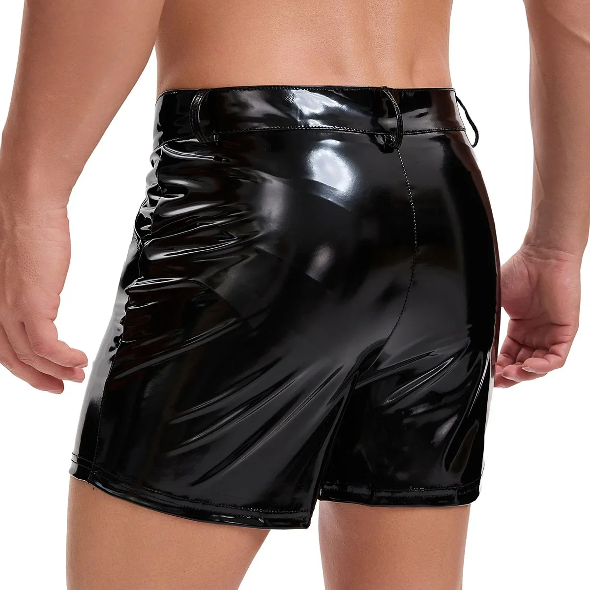 Herren Wet-Look Glänzende PVC PU Leder Hotpants mit Seitentaschen Knopfverschluss Slim Fit Nachtclub Bühnen Party Casual Clubwear Bermudas – Detail 5