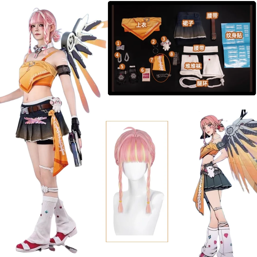 

‌ ‌ ‌ ‌ ‌ ‌ Ovewa tch Косплей Mercy KDA Skin League of Legends Collab Одежда Парик Аниме Игра Женский Костюм для Con Halloween Event