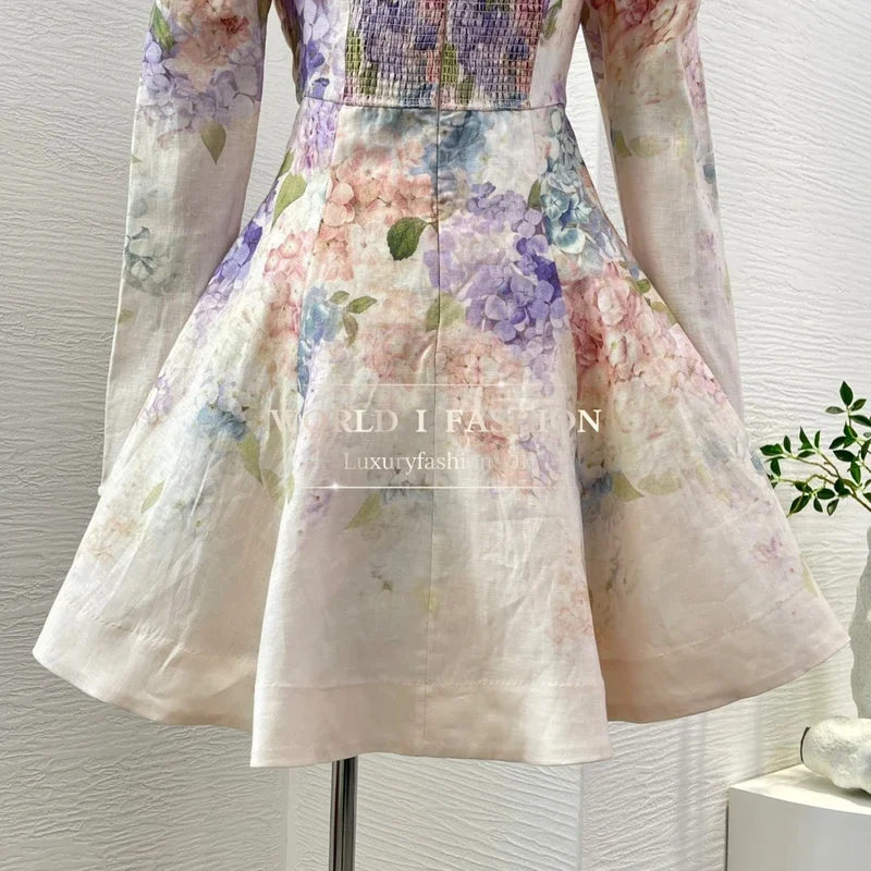 فستان نسائي قصير عتيق موديل 2025 جديد مختلط الألوان مطبوع عليه زهور عالي الجودة وأكمام طويلة بدون حمالات على شكل حرف a #6