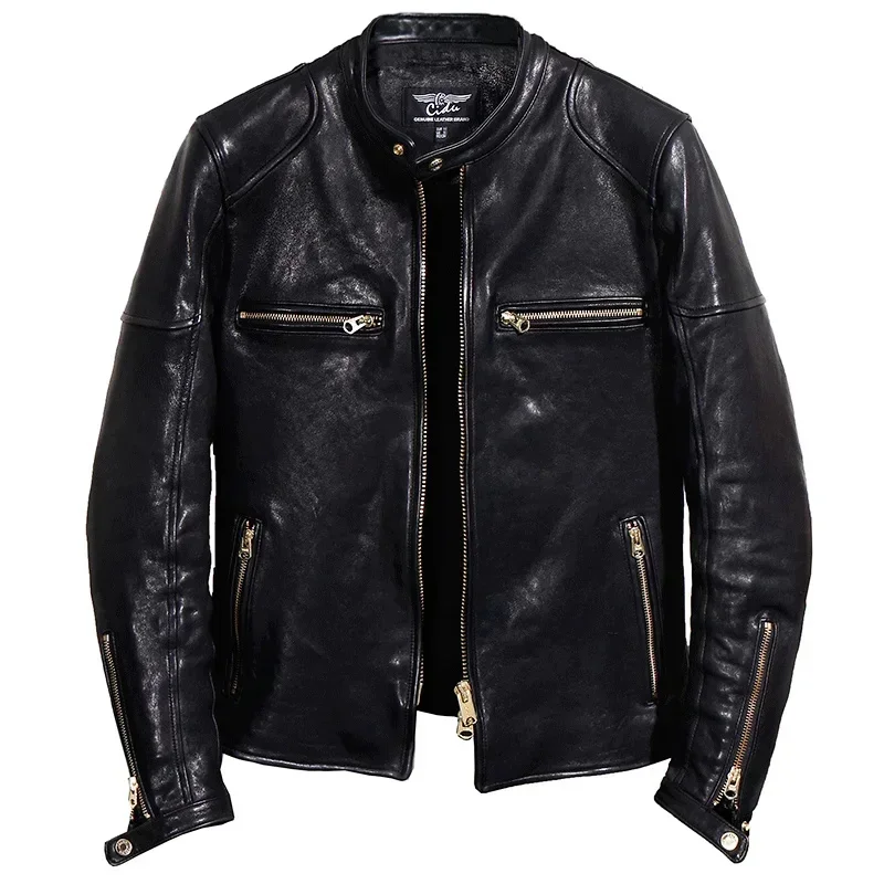 LNY SHop Best.Biker Quality quality Italy oil tanned leather jacket.black thick luxury sheepskin coat.vintage slim clothes