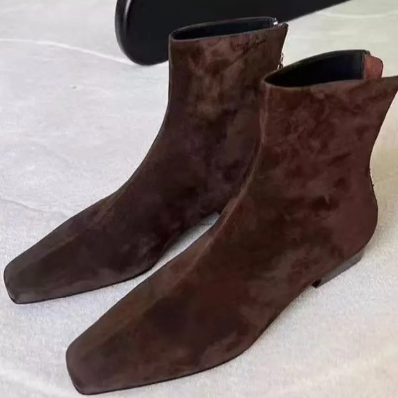 Retro Brown Ankle Boots Women Suede Warm Short Boots 2025 Trend Square Toe women's shoes Mujer Zapatos skinny boots