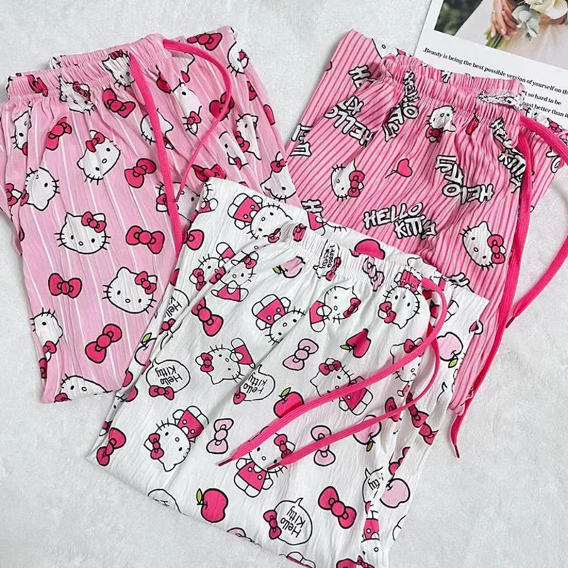 Cute Korean Style Cartoon Hello Kitty Sweet Sleeping Pants for Women in Summer Loose and Thin Pink Casual Home Pants for Girls