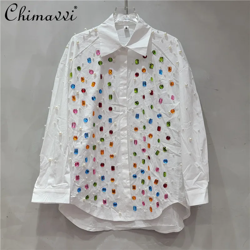 European Station 2025 Spring New Fashion Color Bead Diamond Women's Shirt Streetwear Long Sleeve Loose Mid-length Casual Blouse