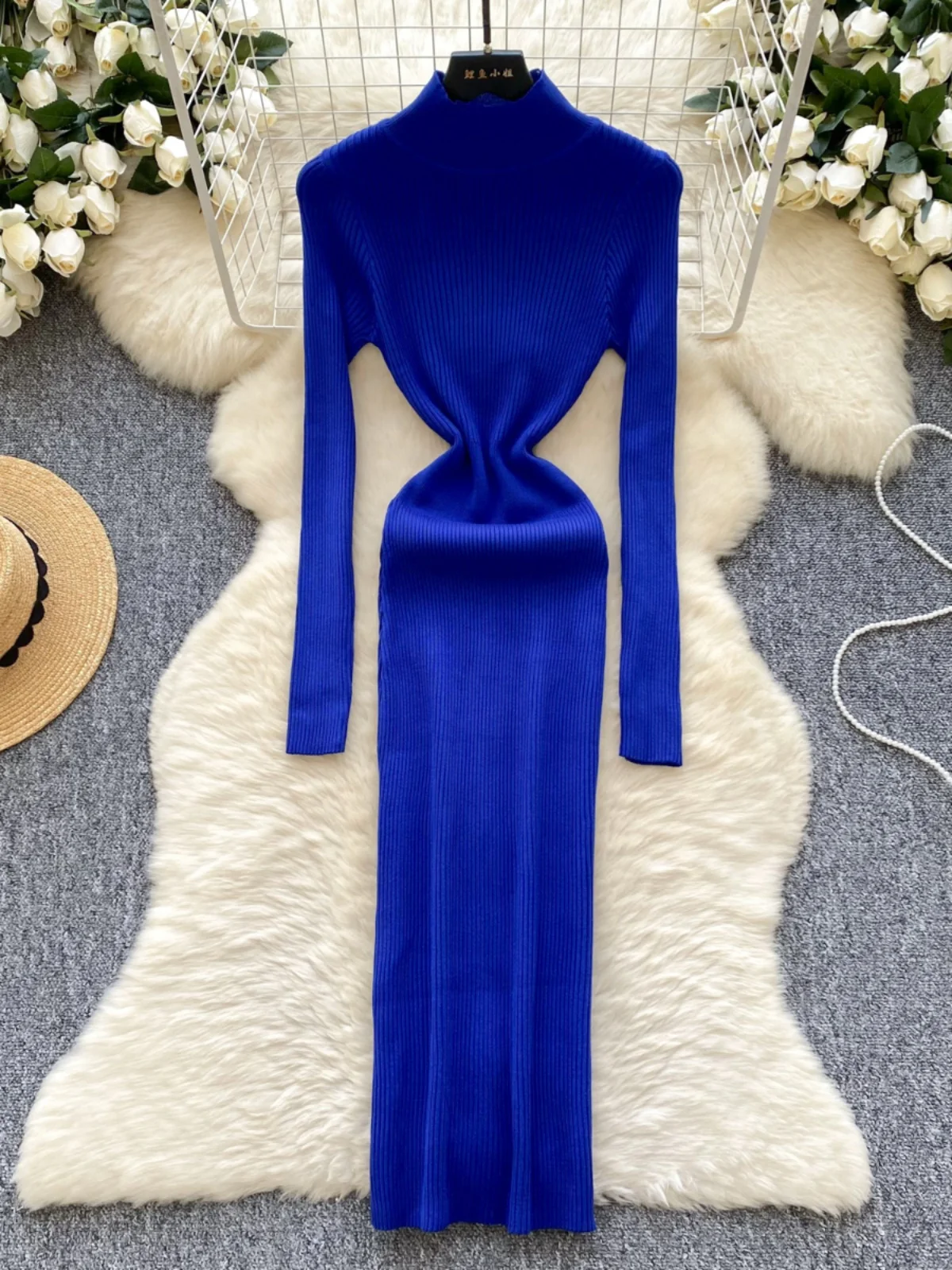 Slim Fit lavorato a maglia Dr Vita alta Lungo Sve mid Ne Raya verticale Faion Commute Sle Fibra di poliestere A-Line S...