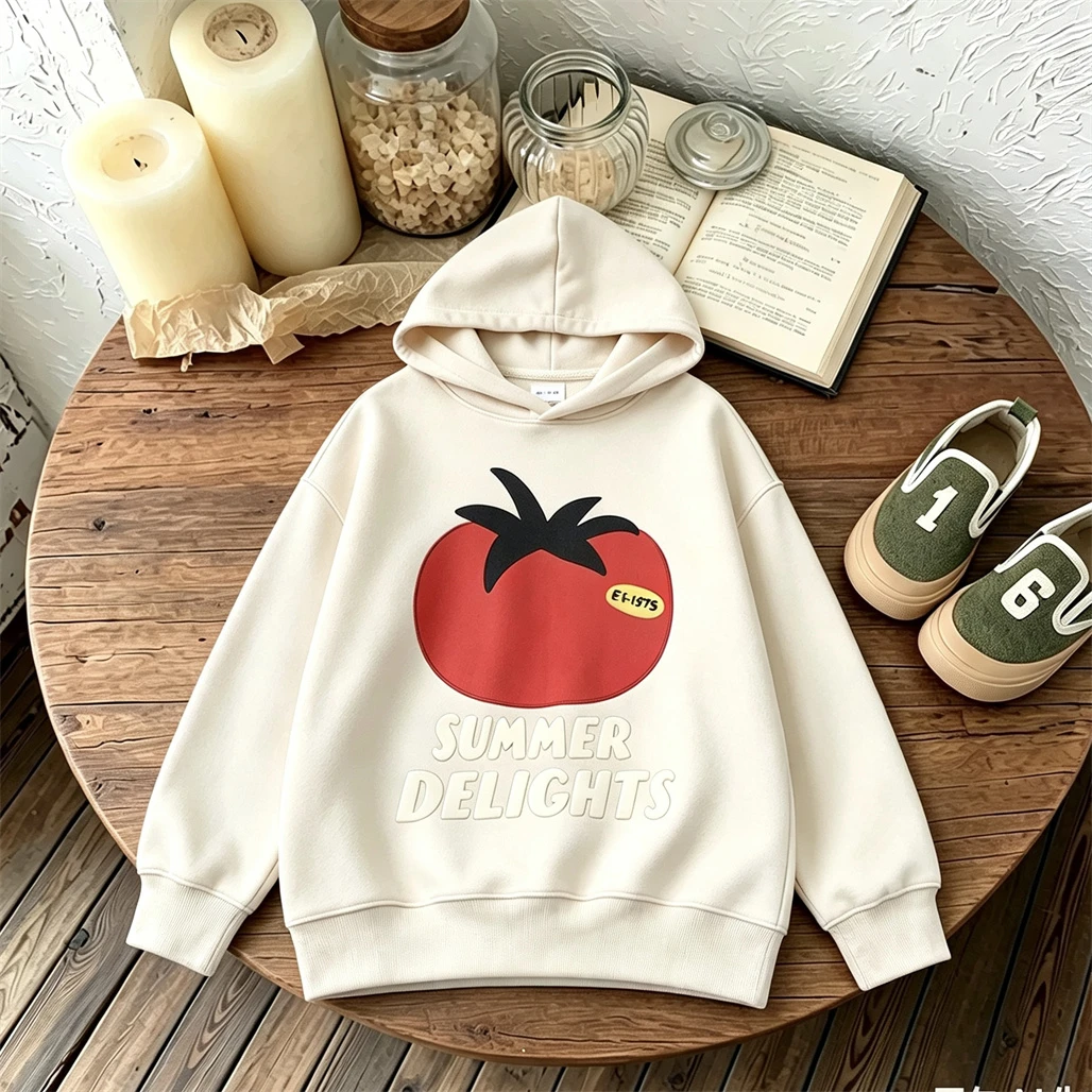 1-7Age Kids Cartoon Sweatshirts Toddler Fashion Casual Clothing Long-sleeved Pullovers Apple Cherry Printed Hooded Tops For Boys