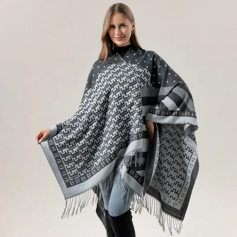 

Women Shawl Imitating Cashmere Paired with Geometric Patterned Cloak Air-conditioned Room Versatile Double-sided Tassel Scarf