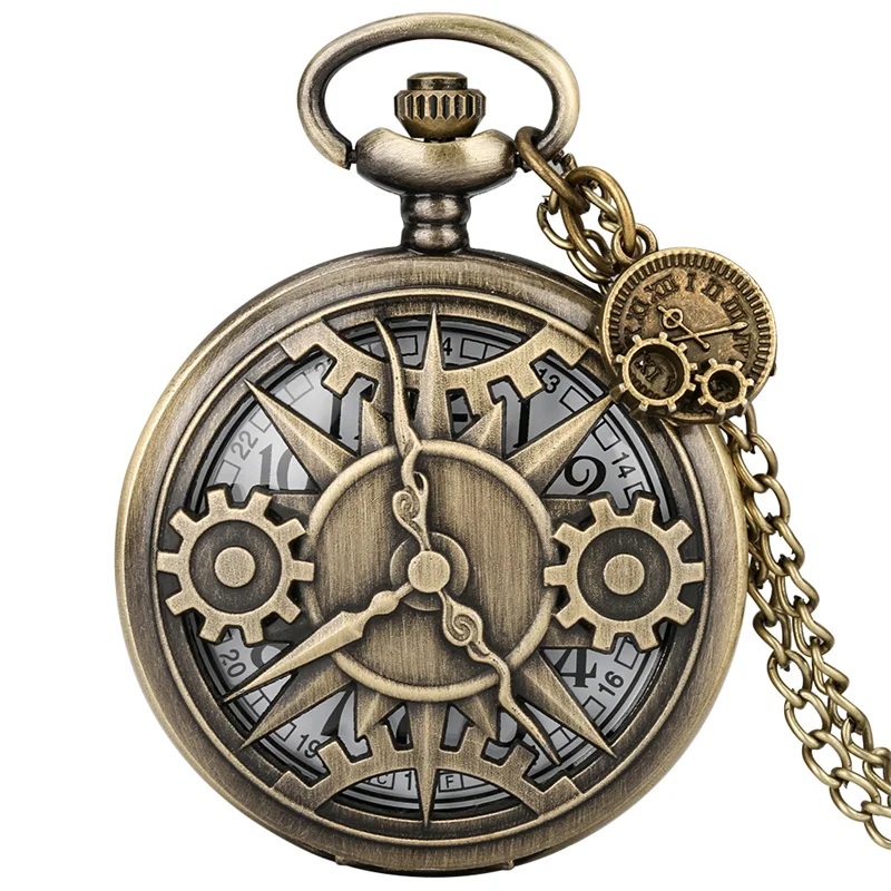 

Antique Style Pocket Watch Hollow Out Gear Case Unisex Quartz Movement Timepiece with Necklace Chain Arabic Number Clock reloj